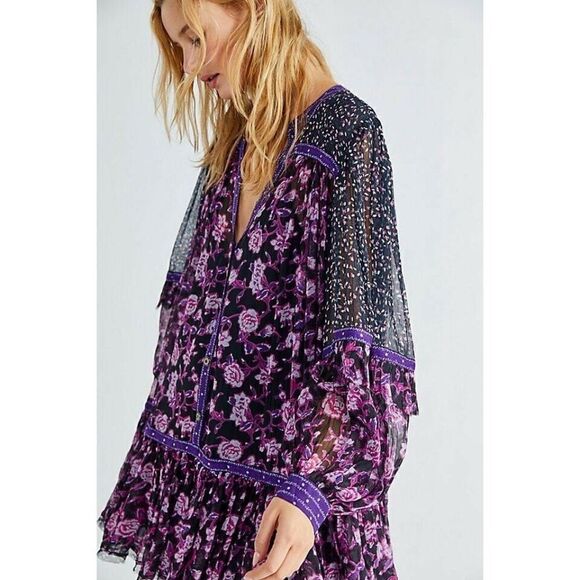 NEW FREE PEOPLE ROSEBUD PRINT MIX MINI DRESS TUNIC IN BLACK COMBO - Picture 2 of 3